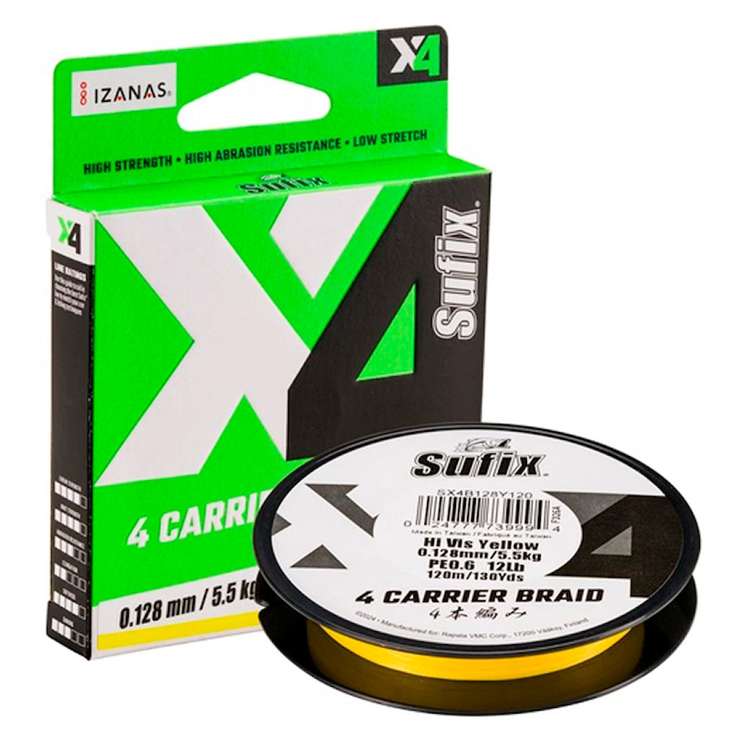 Läs mer om Sufix X4 Hi Vis Yellow 120 m flätlina 0,13 mm